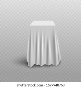 White curtain cover hiding cube shape object beneath - realistic silk fabric covering hidden exhibition mystery item. Vector illustration isolated on transparent background.