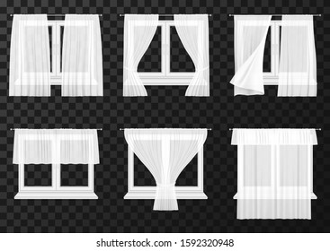 White curtain drapes on window frames, vector realistic icons. Transparent fabric curtain with folds, closed, pen and waving on wind blow on modern plastic or wood windows