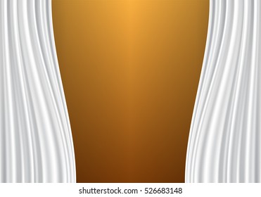 White curtain fabric on blank gold wall vector illustration.
