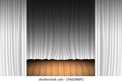 white curtain and light of spotlight on the wooden floor in the dark room