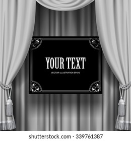 White curtain with a suspended black sign with Baroque frame. Square theater background. Artistic poster