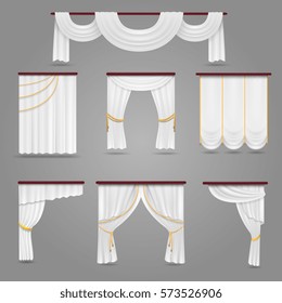 White curtains drapery for wedding room and windows vector set. Textile silk curtains for interior, illustration of luxury curtains decoration