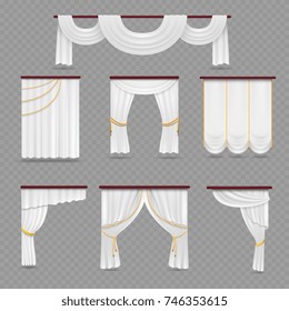 White curtains drapery for wedding room and windows isolated on transparent background. Curtain window fabric satin, interior wedding, vector illustration