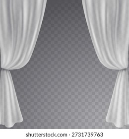 White curtains isolated on transparent background. Vector 3d cloth, soft lightweight fabric. Textile drapery veil, hanging window decoration