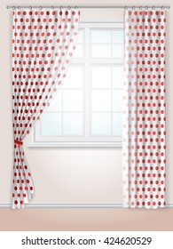 White curtains with red polka dots and a kitchen window