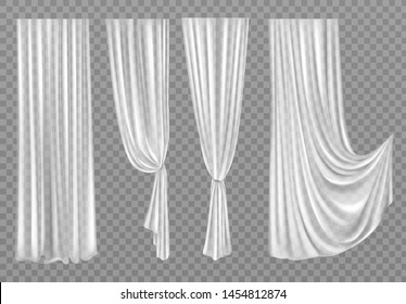 White curtains set isolated on transparent background. Folded cloth for window decoration, soft lightweight clear material, fabric hangings drapery of different forms. Realistic 3d vector illustration