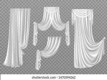 White curtains set isolated on transparent background. Folded cloth for window decoration, soft lightweight clear material, fabric hangings drapery of different forms. Realistic 3d vector illustration