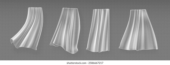 White curtains set isolated on transparent background. Vector realistic illustration of window tulle, light fabric flying in wind, textile veil drapery for home interior design, soft silk decoration