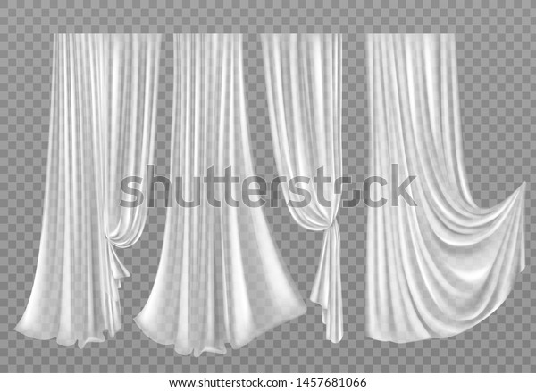 透明な背景に白いカーテンセット 窓飾り用の折り畳み布 柔らかく軽いクリアー材 様々な形の布掛け布 リアルな3dベクターイラスト のベクター画像素材 ロイヤリティフリー