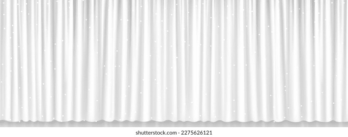 White curtains for window, theater or cinema stage. Theatre scene, studio or room background with closed silk curtains with shine, vector realistic illustration