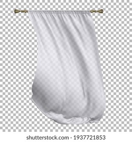 Сlear white curtains for windows blowing in the wind attached to a golden cornice. Vector 3d illustration isolated on transparent background.