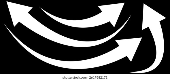 White curve arrows set.Arrow sign. Set of curved arrows isolated on black background. Curved arrows, hand drawn curved arrows illustration. curve arrow in white color 