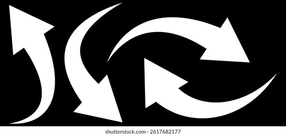 White curve arrows set.Arrow sign. Set of curved arrows isolated on black background. Curved arrows, hand drawn curved arrows illustration. curve arrow in white color 