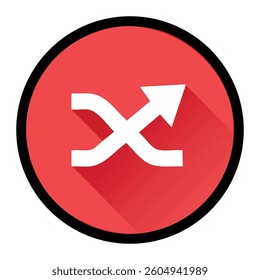 White curved arrow in a red circle with a black outline, on a white background