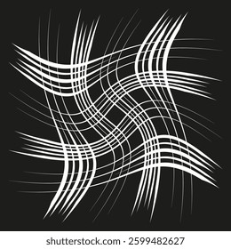 White curved lines. Abstract wavy motion. Dynamic digital pattern. Black background contrast.