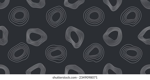 Anillos curvos blancos, patrón sobre fondo negro. Para almohadas, tela, fondo, embalaje, papel pintado. Vector sin foco.