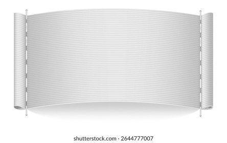 Banner de pergaminho curvo branco pendurado em hastes de metal é isolado no fundo branco, criando um modelo perfeito para anúncios ou anúncios