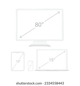 White custom made devices screen dimensions isolated on white background. Laptop, monitor, phone and tablet grey color with arrows and sizes