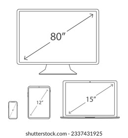 Dispositivos blancos hechos a medida con dimensiones de pantalla aisladas en fondo blanco. Portátil, monitor, teléfono y tableta color blanco con flechas y tamaños