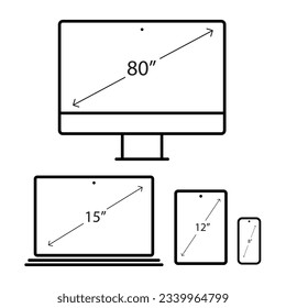 White custom made devices screen dimensions isolated on white background. Laptop, monitor, phone and tablet white color with arrows and sizes