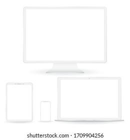 Weißes Set für maßgeschneiderte Geräte. Laptop, Display, Phon und Tablette mit Schlagschatten einzeln auf weißem Hintergrund