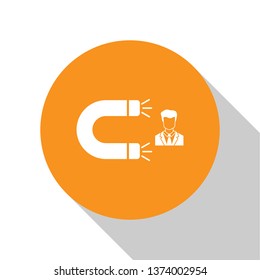 White Customer attracting icon isolated on white background. Customer retention, support and service. Customer man attracting with magnet. Orange circle button. Flat design. Vector Illustration