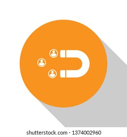 White Customer attracting icon isolated on white background. Customer retention, support and service. Customer people attracting with magnet. Orange circle button. Flat design. Vector Illustration