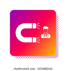 White Customer attracting icon isolated on white background. Customer retention, support and service. Customer man attracting with magnet. Square color button. Vector Illustration
