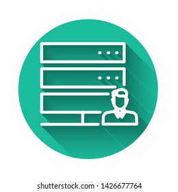 White Customer care server icon isolated with long shadow. Tech support concept with male operator. Call center sign. Green circle button. Vector Illustration