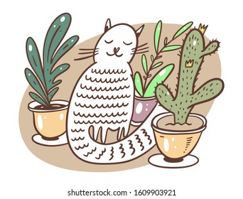 White cut funny cat and home potted flowers. Vector illustration. Cartoon style. Isolated on white background.