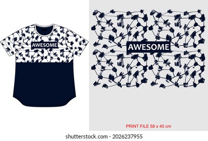 White cut navy t shirt design, with crack brush print, awesome word print, clothing apparel garment style.