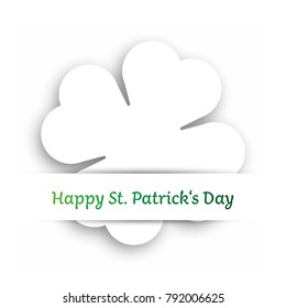 White cut out four leaf clover attached in the white paper pocket. St Patricks Day card with text label. EPS10 vector illustration.