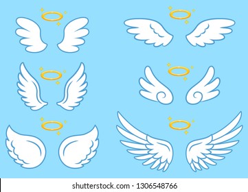 White cute Angel Wings with gold nimbus. Cartoon Vector illustration.