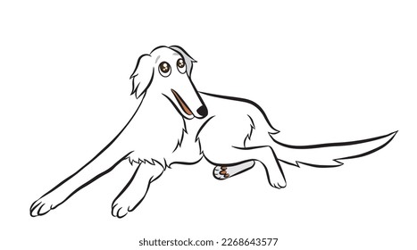 White cute borzoi dog meme. Illustration of cartoons of the dog whose muzzle is quite long. It's lying and curious. Isolated vector in the transparent background.