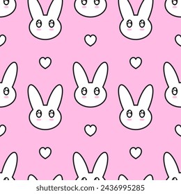 White cute bunnies and hearts with black outline on pink background. Vector seamless pattern. Best for textile, print, wallpapers, and festive decoration.