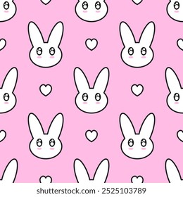 White cute bunnies and hearts with black outline on pink background. Vector seamless pattern. Best for textile, print, wallpapers, and festive decoration.