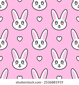 White cute bunnies and hearts with black outline on pink background. Vector seamless pattern. Best for textile, print, wallpapers, and festive decoration.