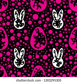 White cute bunnies and pink dots, a seamless pattern on the dark background. Minimalistic dotted textile design. Vector drawing repeat pattern of easter rabbits and eggs. Endless wallpaper style.