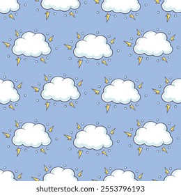 White cute cartoon thunderstorm clouds on stormy sky blue background. Vector seamless pattern.