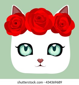 White cute cat with buds of roses.