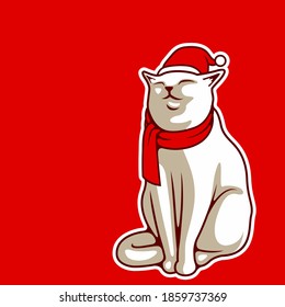White Cute Cat Happy Smiling Face Standing With Red Christmas Hat And Scarf, For Card Or Poster. New Year's and Christmas Vector Illustration - Vector