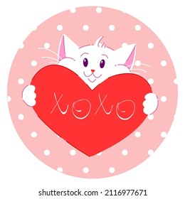 White cute cat with heart with lettering "xoxo" and pink background. Vector illustration. Idea for St. Valentine's day decoration