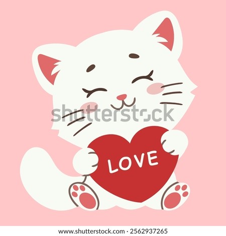 White cute cat holding heart sending love