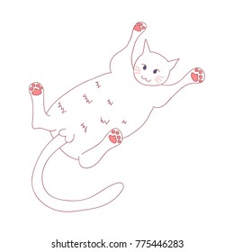 White Cute Cat Laying on Back. Vector Illustration. isolated on White Background.