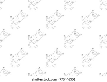 White Cute Cat Laying on Back Seamless Background. Vector Illustration..