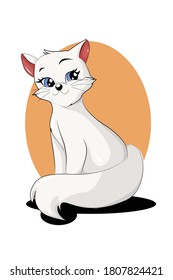White cute cat with orange background and black shadow