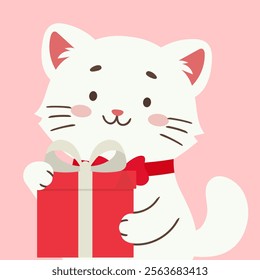 White cute cat with red gift box with white bow