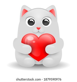 White cute cat with red heart