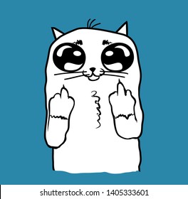 White cute cat shows the middle finger. Hand drawn character