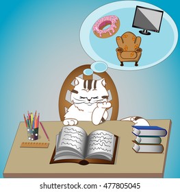 White Cute Cat Studying and Dreaming about Black TV, Armchair and Pink Donut. 
Brown Spots, Lady-Cat, Pussycat, Long Tail, Desktop with Colored Pencils, Ruler and Books, Blue